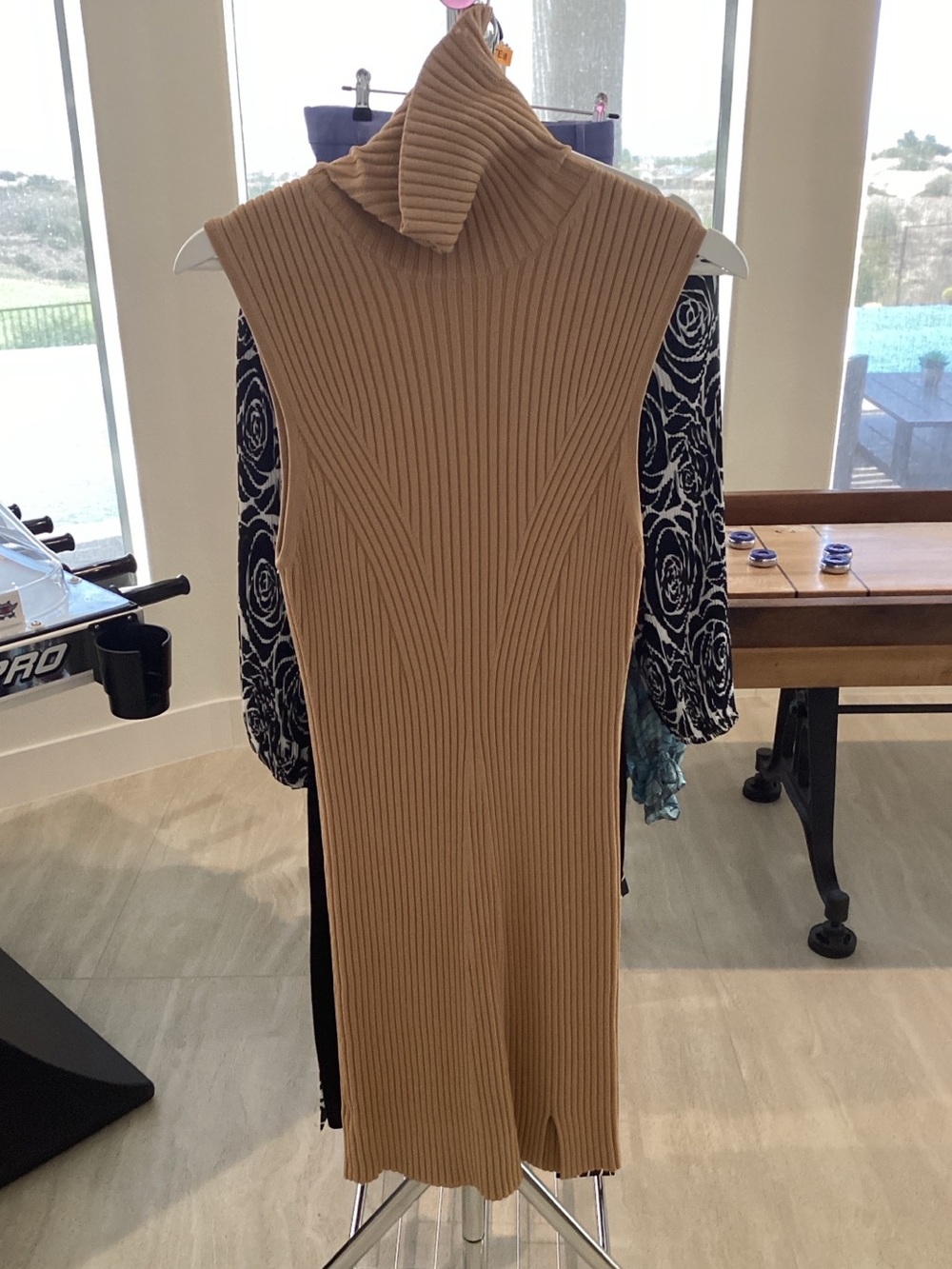STAUD Ribbed Sleeveless Turtleneck Midi Dress in Camel